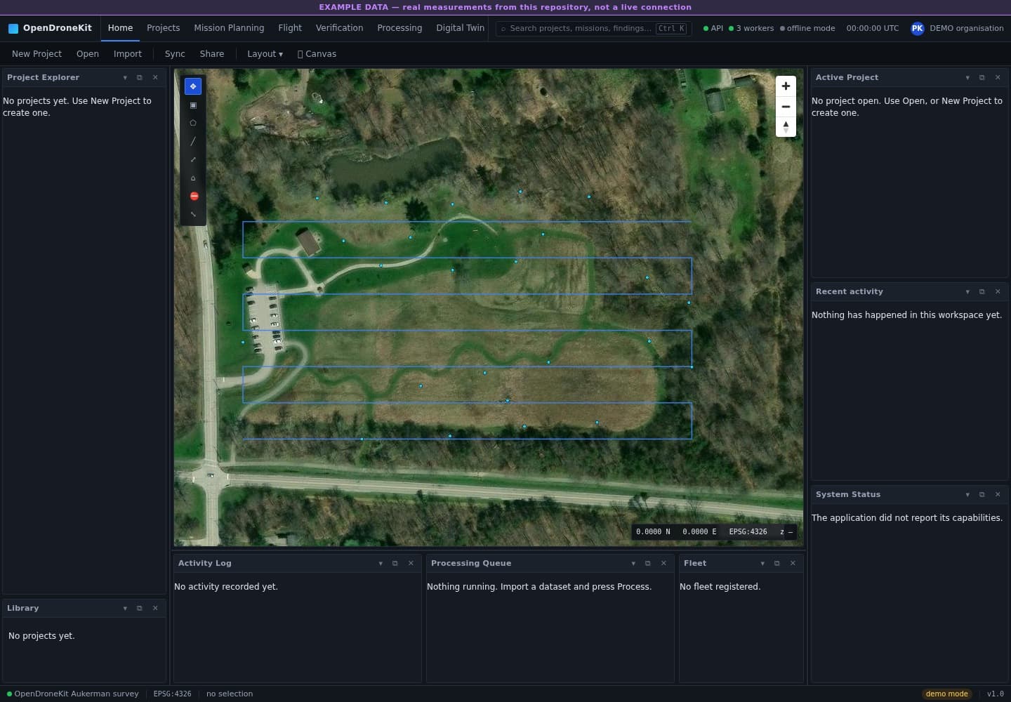 A survey flown over example data, the banner is the system's own, and it says so rather than implying a live connection